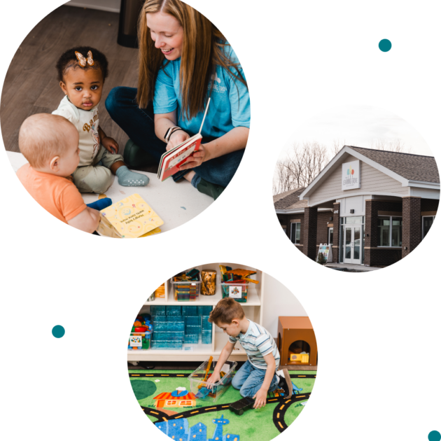A collage of images featuring children, instructors, and the daycare building.